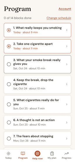 The Program screen with the 14 lessons