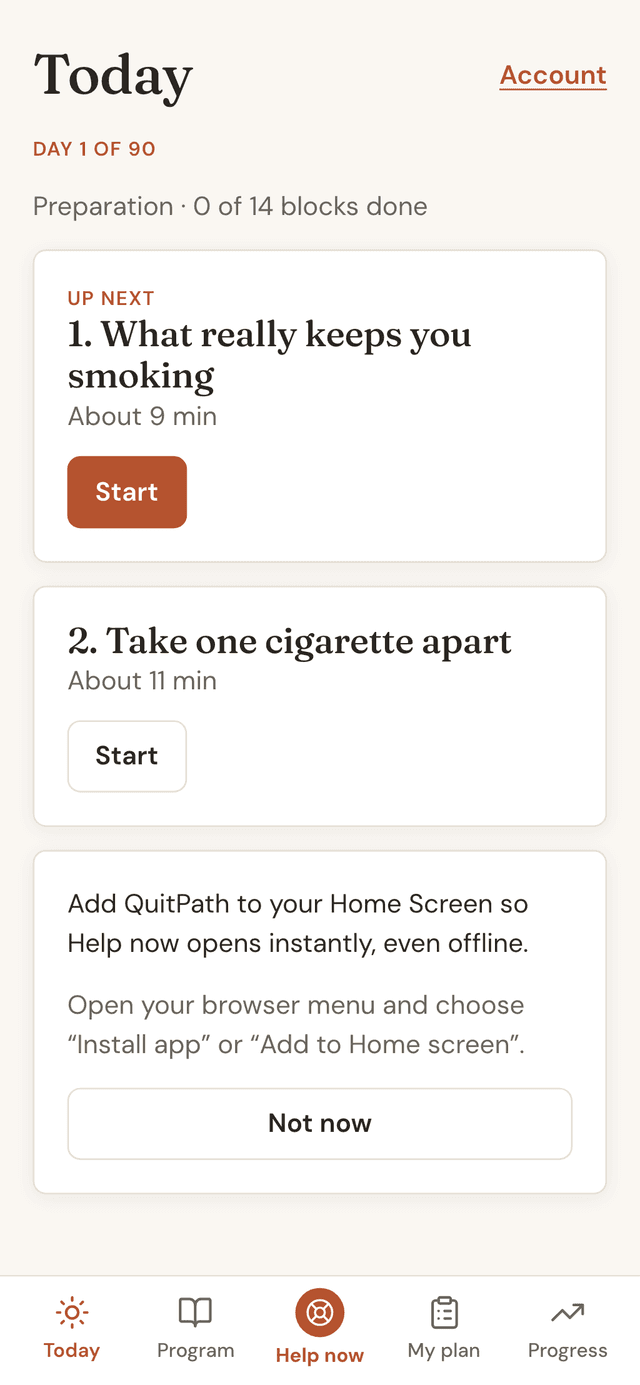 The QuitPath Today screen with the first lesson up next